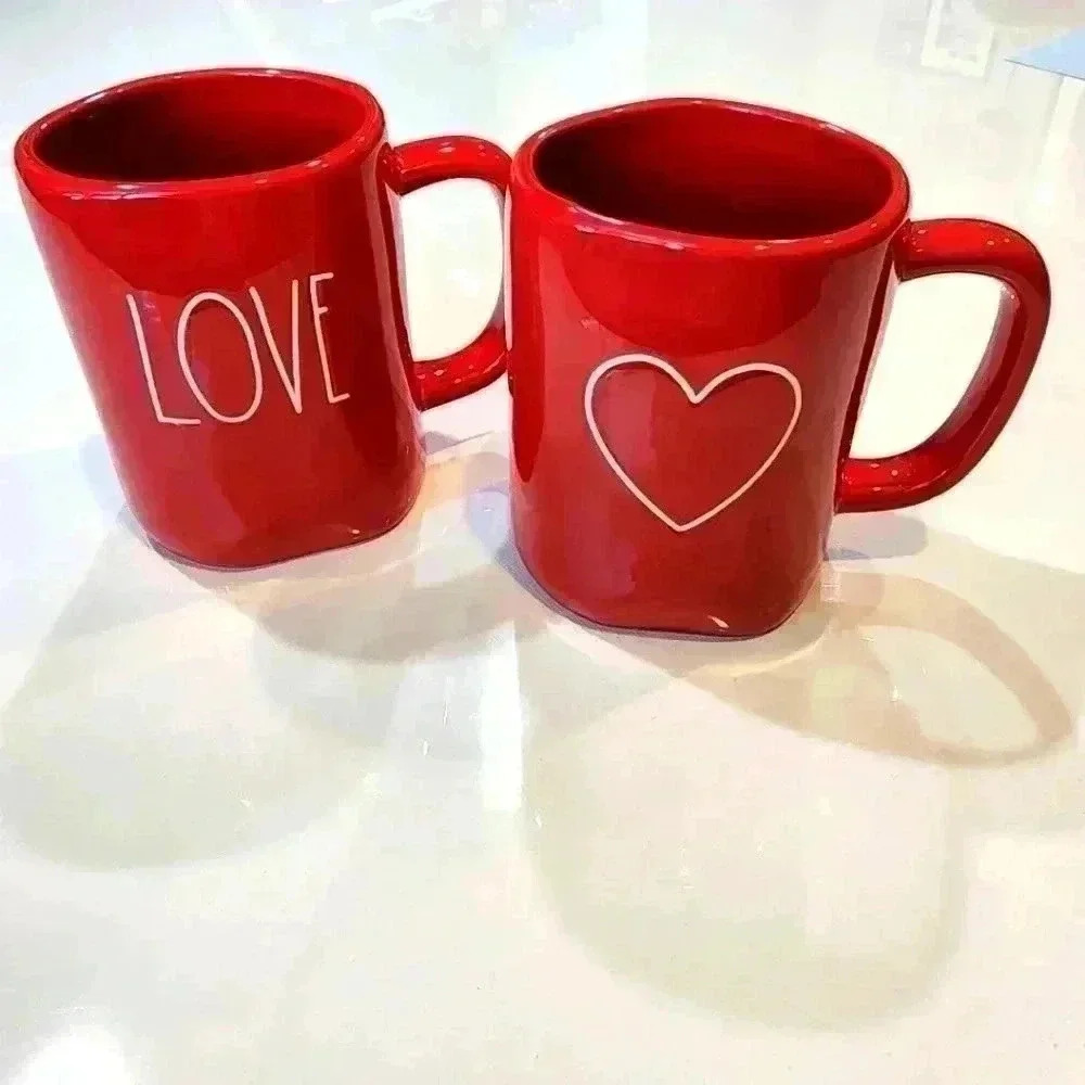 Rae Dunn BUNDLE 2 “LOVE, ♡" Red White Letters ~ Coffee Tea~Mug Cup